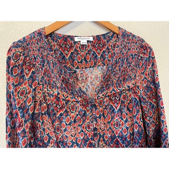 Beach Lunch Lounge Boho Red & Blue Boho Print Long Sleeve Cottage Core Blouse XS - Picture 3 of 9